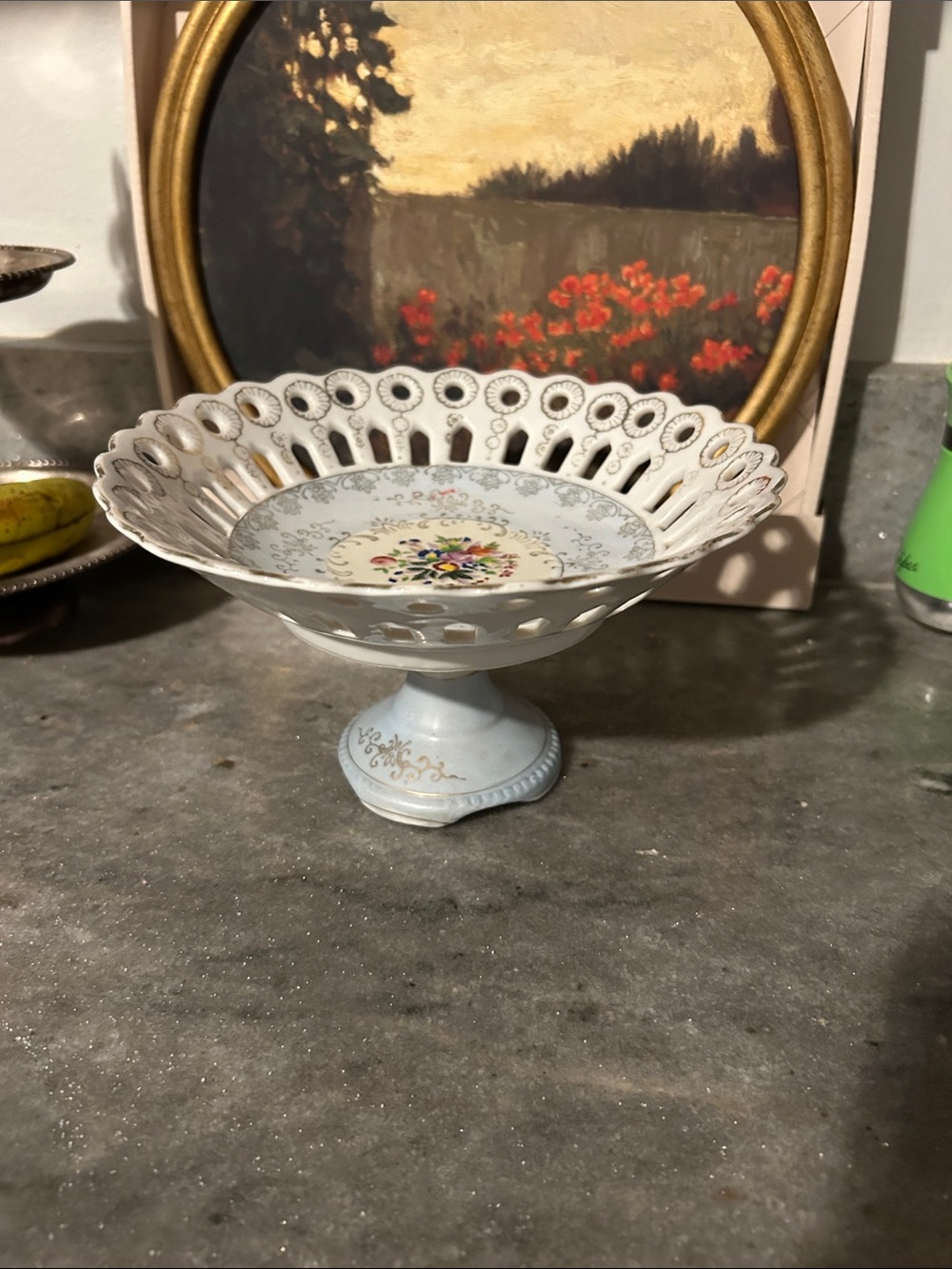 White Porcelain Pierced Pedestal Compote with Floral Medallion
